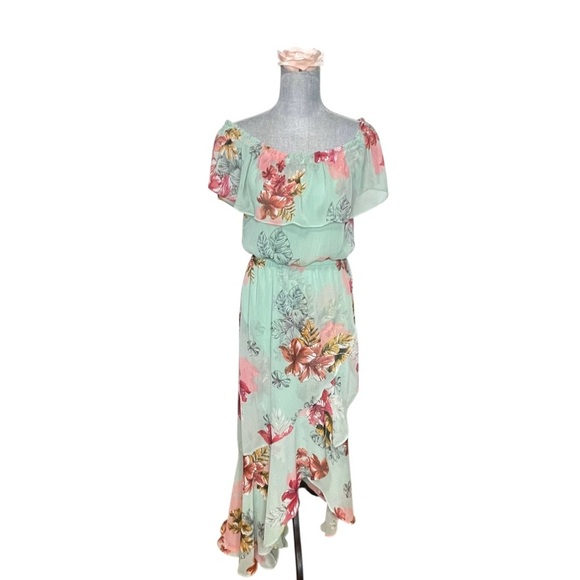 Express Mint Green Floral Print Creped Chiffon HighLow Maxi Dress Size XS - Picture 1 of 16